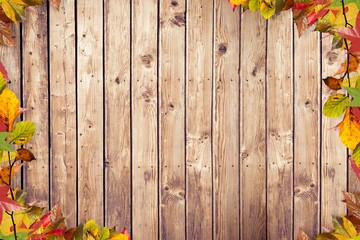 Fototapeta premium Decorative flat design wooden tabletop showing natural grain and knots, with autumn leaves border