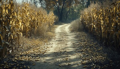 Golden cornfield path, sunlight through dry stalks