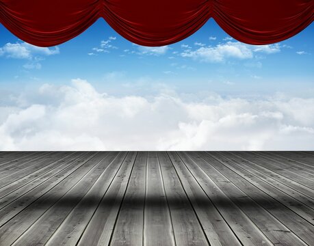 Fototapeta Empty wooden stage floor is stretching in flat design, with velvet curtains and cloudy sky backdrop