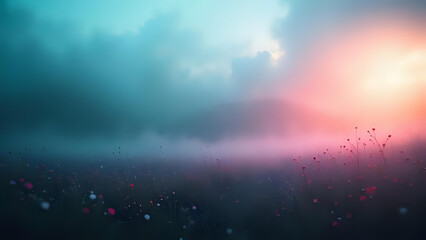 A magical field of wildflowers bathed in ethereal pink and blue light.