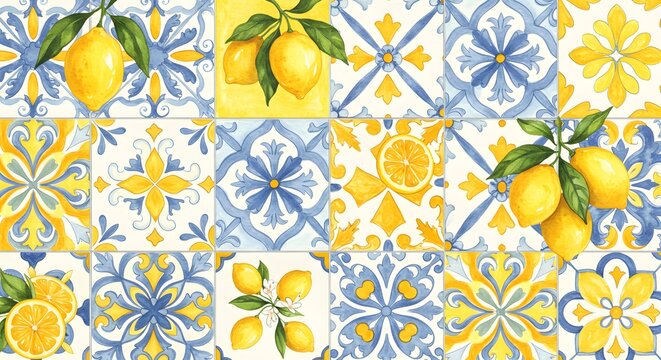 Lemon and Blue Tile Pattern Mediterranean Kitchen Decor Illustration
