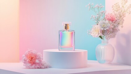 Pastel perfume bottle, floral display