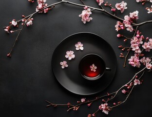 Dark background, teacup, and cherry blossoms