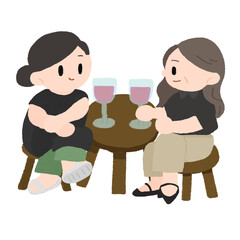 女性二人がおしゃれな飲み会をしているデフォルメイラスト