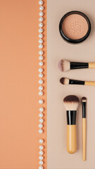 Elegant Flat Lay of Pearls Makeup Brushes and Fashion Notes on Silk