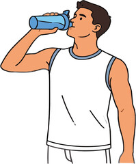 Man drinking from a blue bottle after a workout for hydration and healthiness on transparent background