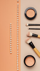 Elegant Flat Lay of Pearls Makeup Brushes and Fashion Notes on Silk