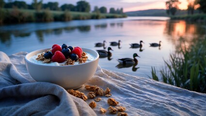 Yogurt Bowl with Berries and Granola by a Peaceful Lakeside Scene