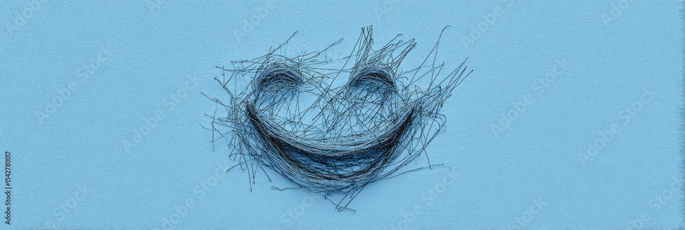 Aufkleber Floating Threads Form a Smiling Face Against a Blue Background, Creating a Whimsical and Playful Visual in an Artistic Setting