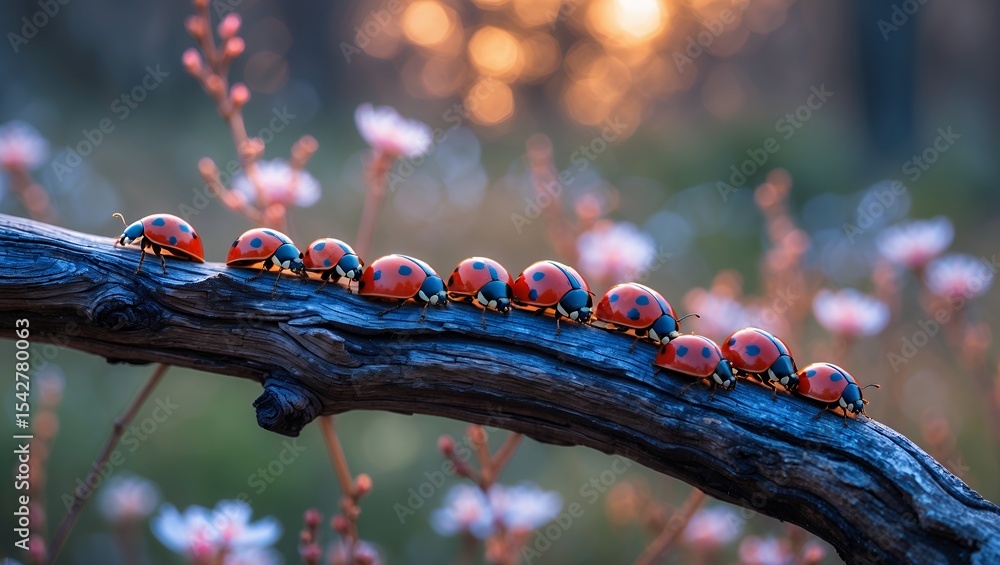 Poster ladybugs on branch exploring nature with warm light and bokeh