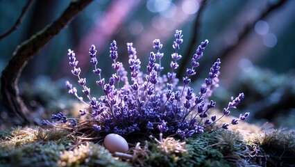 Lavender Plant with Egg Nestled in Mossy Ground Forest Setting