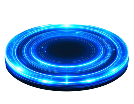 Glowing Blue Holographic Podium Platform with Light Rings, Isolated on Transparent Background PNG