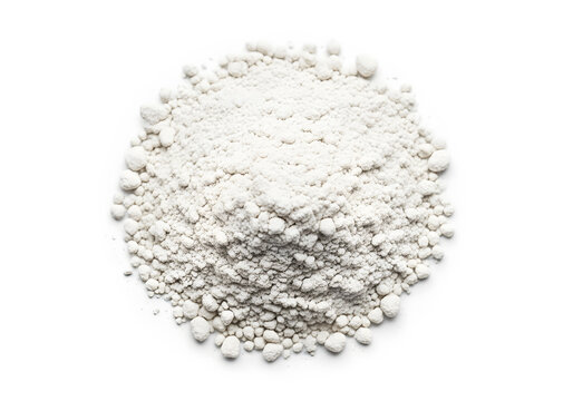 White powder of concrete clay or bentonite isolated on white background viewed from the top Macro photo of powdered chemicals like calcium gypsum