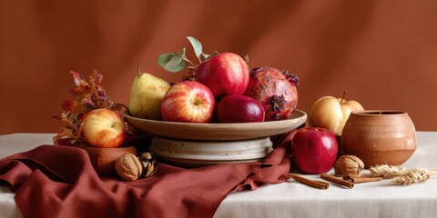 Start of Fall Harvest Platter with Apples and Seasonal Treats on Terracotta - Cozy Autumn Thanksgiving and Black Friday Celebration Styling