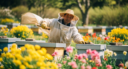 Beekeeper in protective suit tending beehives surrounded by colorful flowers in a sunny apiary