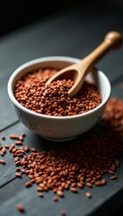 Simple Ingredients Rustic Bowl Filled with Unprocessed Seeds and a Traditional Wooden Scoop for Healthy Living