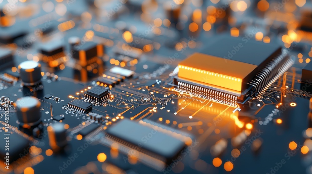 Poster exploring high-tech circuitry innovations tech lab image capture digital environment close-up future