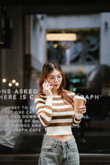 A stylish young woman with glasses and braces smiles at the camera, holding a coffee cup in a warmly lit cafe setting.