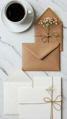 White Envelope with Navy Blue Ribbon and Copper Wax Seal 