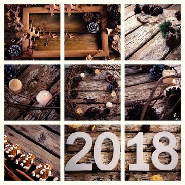 Fototapeta Flat design collage showing seasonal decor on wood: cookies, cones, candles and 2018 blocks
