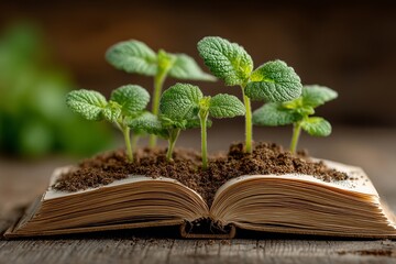 Green seedlings growing from an open book