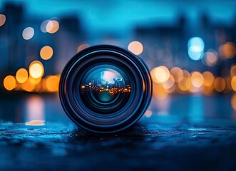 Creative composition featuring a close-up of a camera lens reflecting a city skyline at night, surrounded by vibrant bokeh lights in the background. The image blends photography with urban aesthetics.
