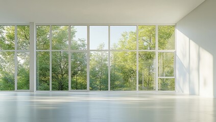 Spacious white room with large windows showcasing a verdant landscape