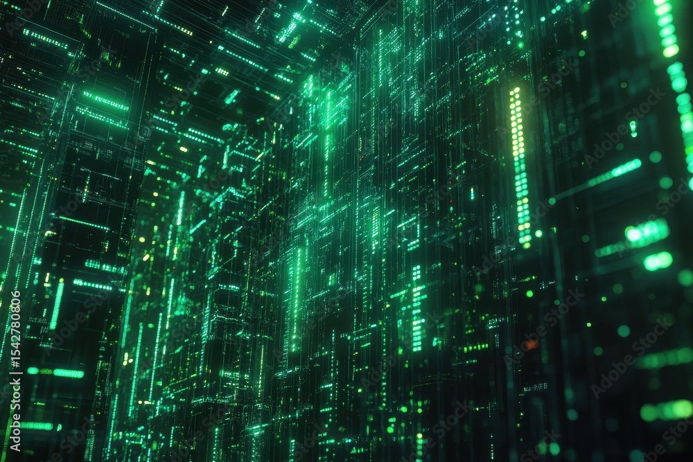 Poster supercomputer hive mind layers with green glow illuminating data structure, supercomputer hive mind 