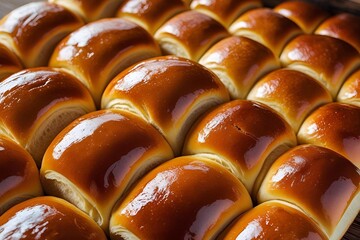 Brioche buns glazed and neatly arranged rows