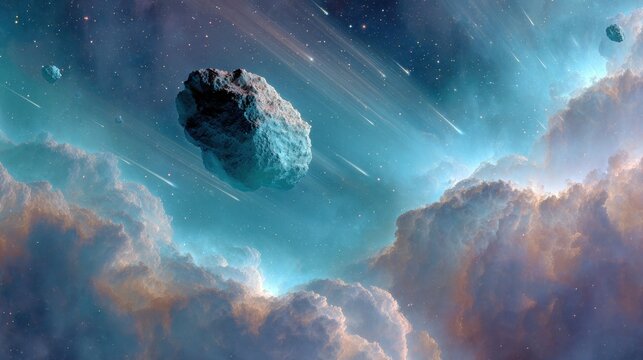 Meteor Crater Asteroid Floating in Starry Space with Cosmic Debris and Cloud Nebula - Astronomy Education and Space Exploration Concept