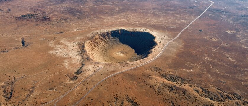 Aerial view of Meteor Crater surrounded by arid desert and winding road, symbolizing exploration and scientific discovery for travel and adventure marketing