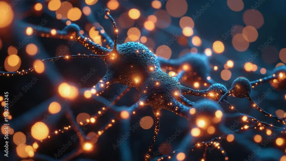 Poster neural network neuron synapse glowing abstract science technology connection blue orange futuristic 