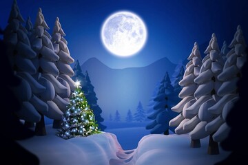 Flat design Christmas tree is glowing with lights star topper under full moon in snowy clearing