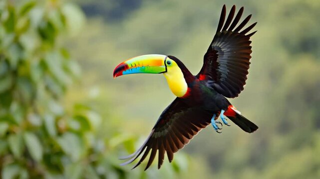 Colorful toucan soaring through lush rainforest in vibrant display of nature's beauty
