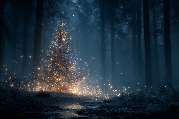 Tree with glowing stars in a dark forest