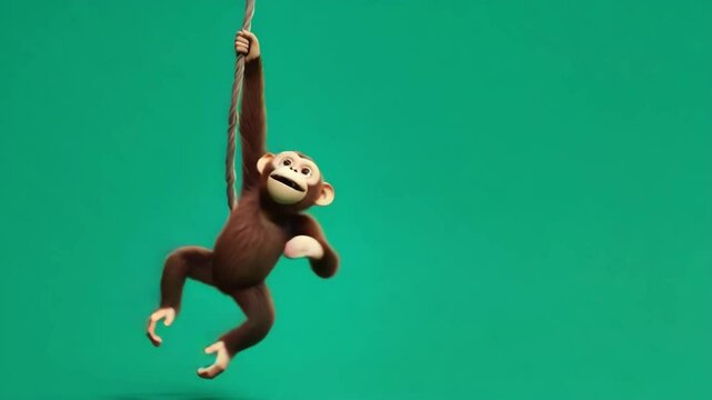Monkey swings joyfully on a rope against a vibrant green background in lively animation sequence