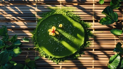Green matcha cake with flower on bamboo mat lit by sun
