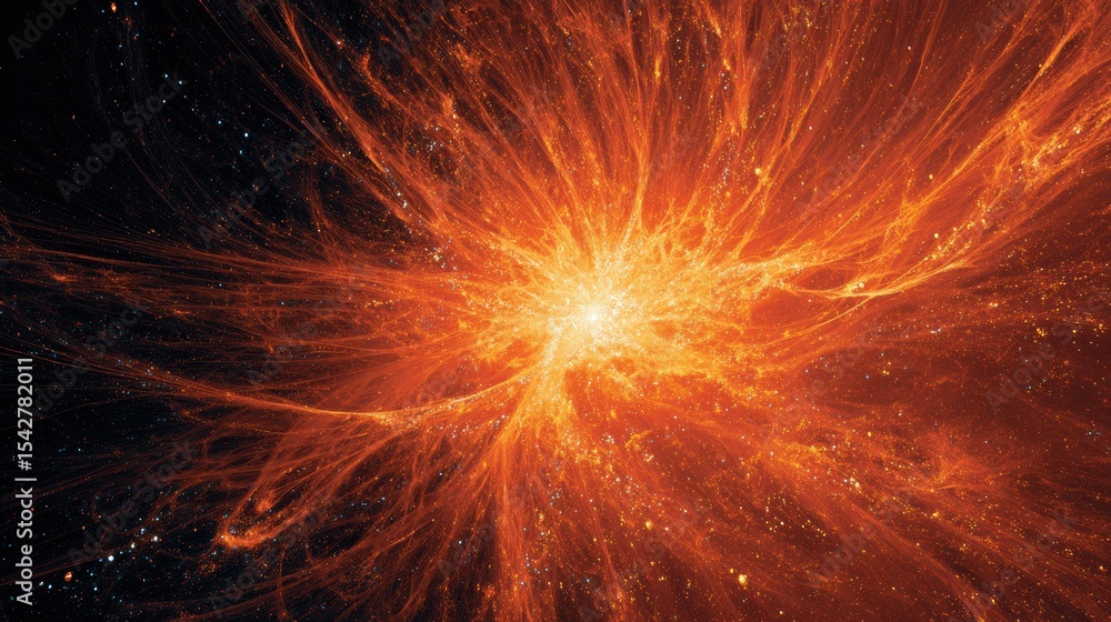 Poster fiery abstract lines burst from the center, evoking a sense of cosmic energy and intense motion in a