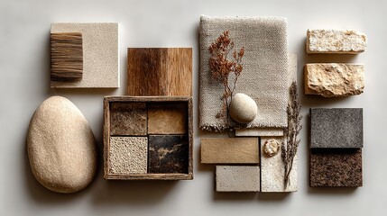 Creative beige architect moodboard composition with building, neutral textile, and natural material samples plus personal accessories in a flat lay.