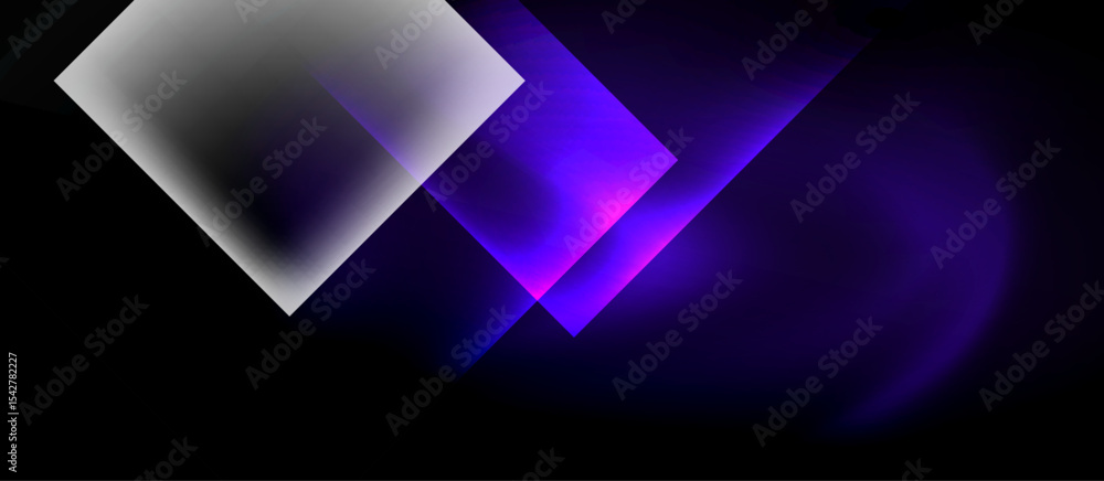Poster abstract squares overlap, creating luminous gradients. dark background emphasizes bright purple, whi