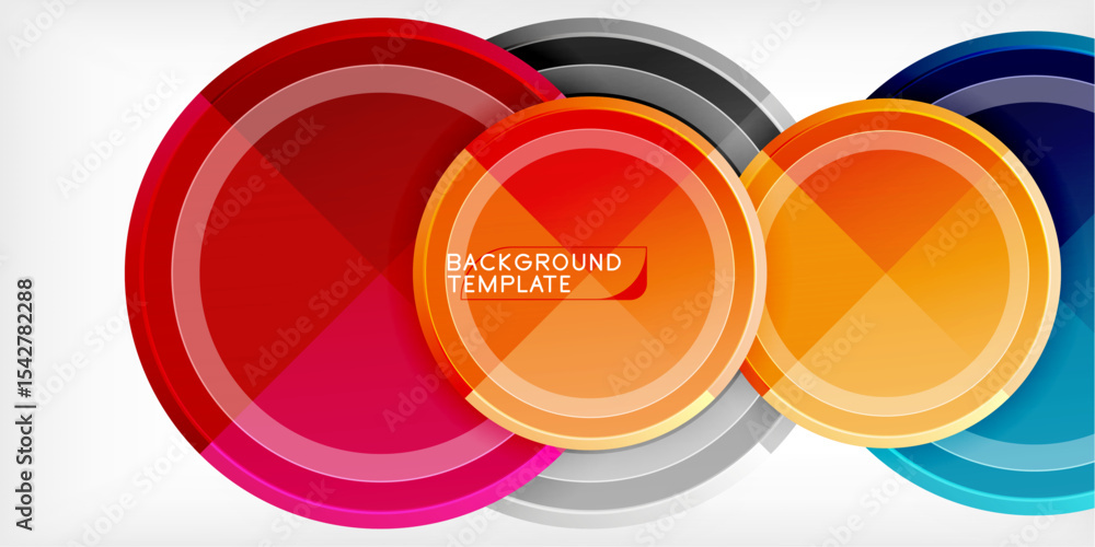 Poster bright overlapping circles create modern design. colors include red, orange, blue, gray. background 