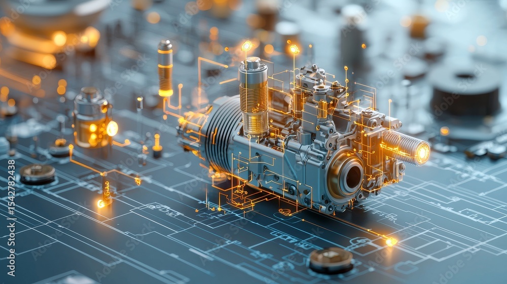 Poster innovative engine design technology lab 3d render industrial environment close-up view mechanical co