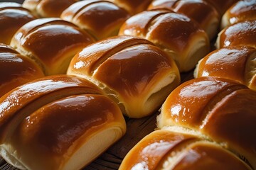 Brioche buns glazed and neatly arranged rows