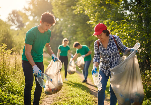 Volunteers are collecting plastic bottles in a forest path during plogging activity