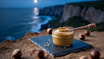 Nut Butter in Jar on Cliff Overlooking Ocean at Night