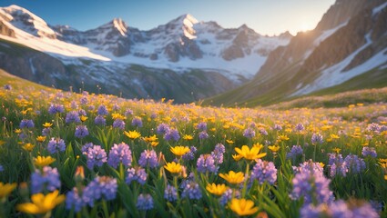 Obraz premium Wildflower Meadow with Snow Capped Mountains in Peaceful Landscape