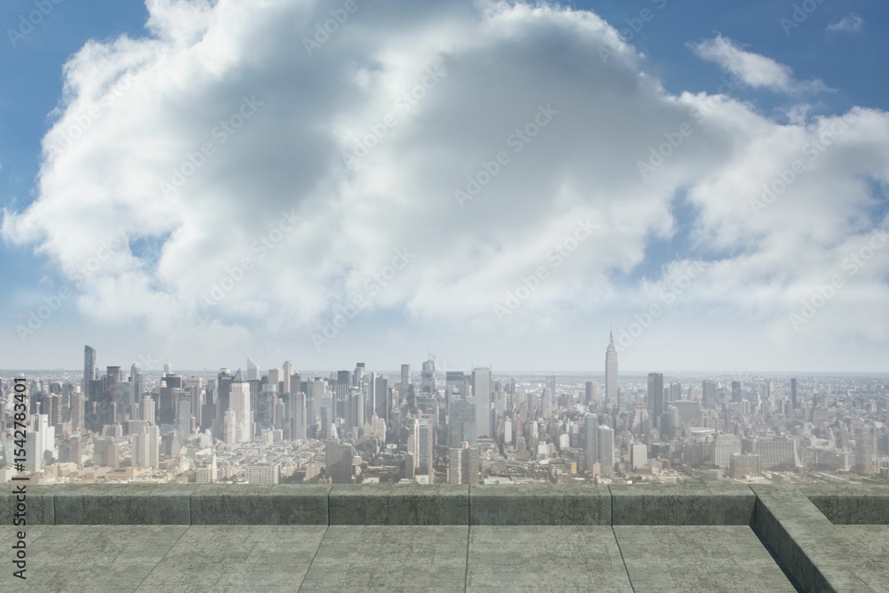 Poster skyscraper rooftop view in flat design is showing tile floor with glass railing framing spire tower