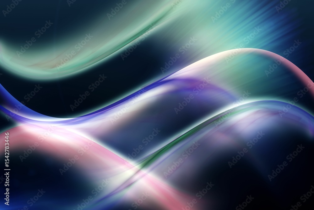 Poster translucent light ribbons are flowing across dark gradient backdrop in digital abstract art