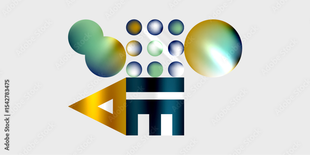 Poster abstract logo design features geometric shapes, bubbles, plus letterforms. gradient colors create mo