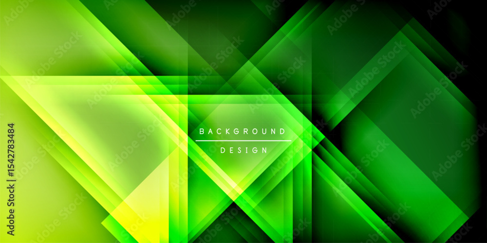 Poster Abstract geometric shapes overlap, creating vibrant green glow against dark backdrop. Modern design element for digital projects.